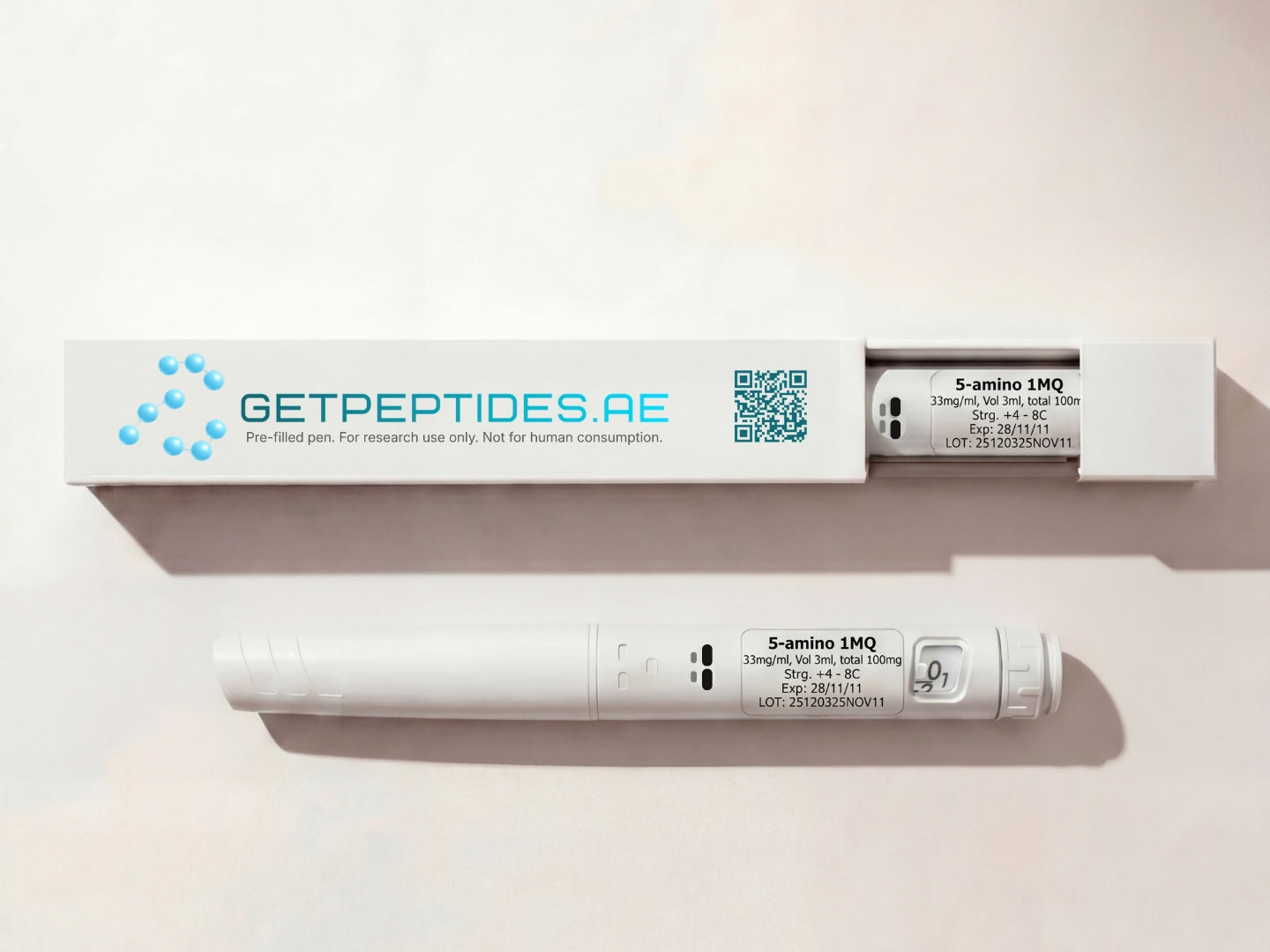GETPEPTIDES.AE packaging with a peptide pen on a light background