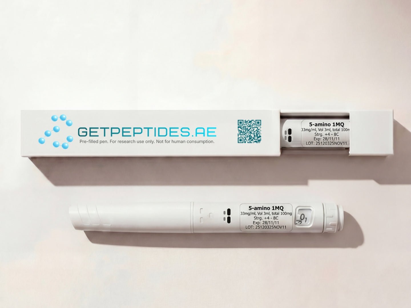 GETPEPTIDES.AE packaging with a peptide pen on a light background