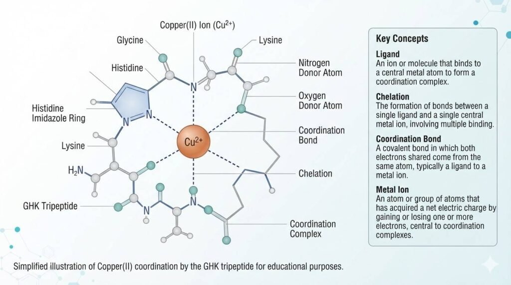 Scientific diagram illustrating how the GHK tripeptide coordinates a Copper(II) ion through nitrogen and oxygen donor atoms to form the GHK-Cu coordination complex.