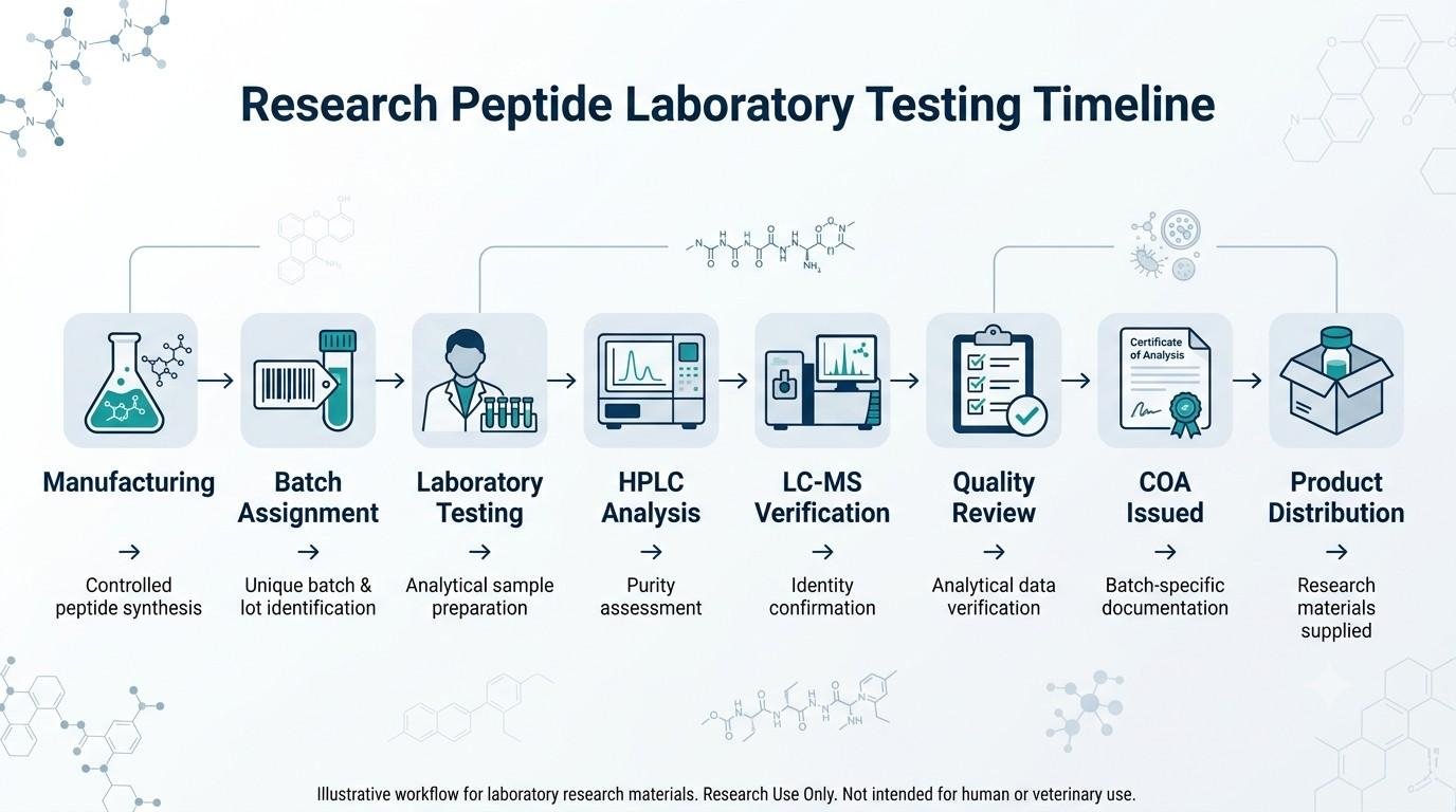 Research peptide laboratory testing timeline from manufacturing to Certificate of Analysis issuance